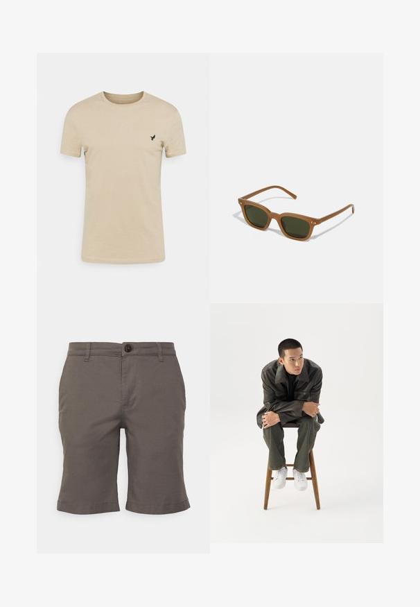 Béžové tričko s krátkym rukávom vyrobené z mäkkej textílie, s okrúhlym výstrihom a malým čiernym vtáčím logom na ľavej hrudi.; Selected Chino Slim fit - Šortky - granite grey; Mladý muž v tmavej koženej bunde a džínsach sedí na drevenej stoličke, nakláňa sa dopredu so založenými rukami a pozerá sa do strany na bielom pozadí.; Hnedé acetátové slnečné okuliare s tmavozelenými sklami, obdĺžnikový tvar a zlatými akcentmi na spánkoch. Hladký povrch, minimalistický dizajn.