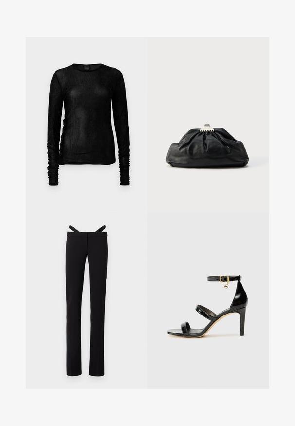 Top negro de manga larga en una tela ligera y texturizada con detalles fruncidos a lo largo de las mangas y las costuras laterales. Cuello redondo.; Pantalones negros de pierna recta con un ajuste slim y tirantes negros brillantes sujetos a la cintura sobre un fondo blanco.; Sandalia de charol negro con tres correas, hebilla en el tobillo y tacón de aguja de 10 cm. Presenta detalles de hardware en oro y un charm con el logo.; Bolso de mano de cuero negro con textura recogida, cierre de broche metálico y logo en relieve sutil en el frente. Forma redondeada.