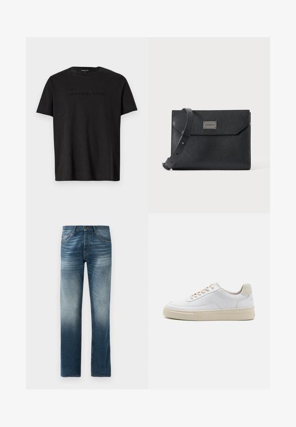 T-shirt en coton noir à manches courtes, arborant un logo "MICHAEL KORS" subtilement gaufré sur la poitrine et un col rond classique.; Jean en denim à délavage bleu foncé, design à jambe droite. Comprend cinq poches, taille standard avec passants de ceinture et fermeture à bouton en métal.; Sneaker blanche avec un dessus en cuir lisse, des lacets beige et un onglet de talon en daim beige texturé. Semelle surélevée pour une hauteur supplémentaire.; Sac bandoulière en cuir noir texturé avec sangle réglable et plaque logo métallique à l'avant, fermeture à rabat rectangulaire de style enveloppe.