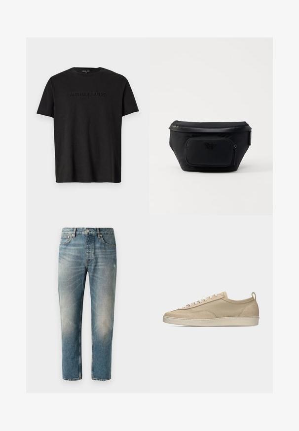 Camiseta de algodón negra con mangas cortas, que presenta un logo "MICHAEL KORS" sutilmente en relieve en el pecho y un clásico escote redondo.; Jeans de mezclilla azul claro con corte recto. Presentan un cierre de botón, cinco bolsillos y áreas de desgaste sutil y desteñido en los muslos.; Zapatilla baja beige con parte superior de tela y ante, cordones blancos, suela de goma y lengüeta en el talón, mostrada de perfil sobre fondo blanco.; Bolsa negra de nailon con un bolsillo delantero con cremallera, presenta una textura lisa y un acento de logo. Diseño estructurado con una tapa plegable.