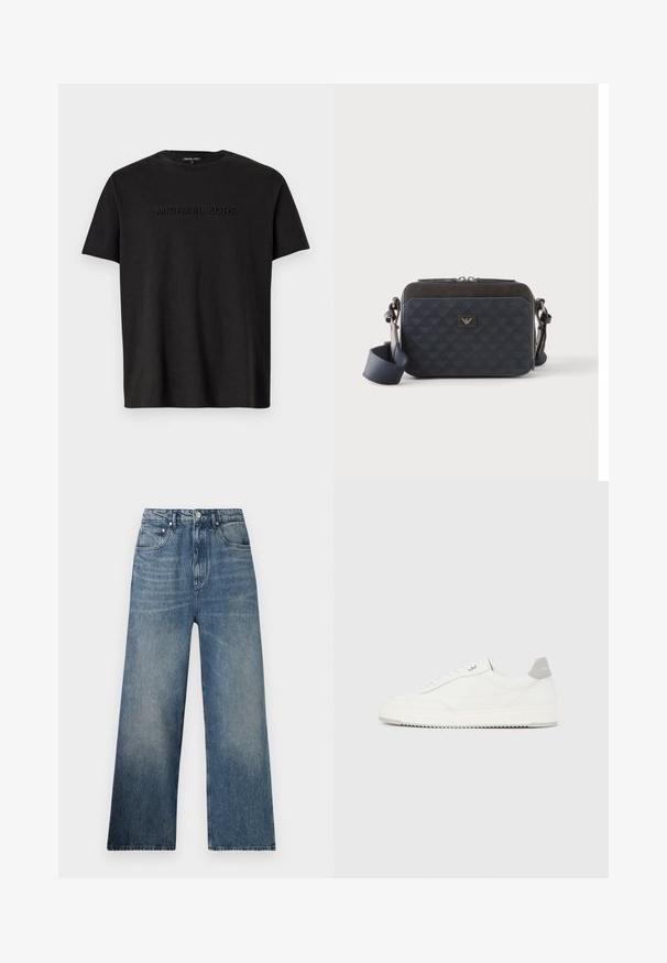 Camiseta de algodón negra con mangas cortas, que presenta un logo "MICHAEL KORS" sutilmente en relieve en el pecho y un clásico escote redondo.; Jeans de mezclilla azul de pierna ancha con cintura alta, que presentan un desgaste sutil, cinco bolsillos y un cierre de botón metálico en la parte delantera.; Zapatilla blanca de corte bajo con pestaña en el talón gris, cordones blancos y suela texturizada, presentada sobre un fondo claro y liso.; Bolso bandolera rectangular de color azul oscuro con correa ajustable, cierre de cremallera y un sutil patrón de logo en el panel frontal.