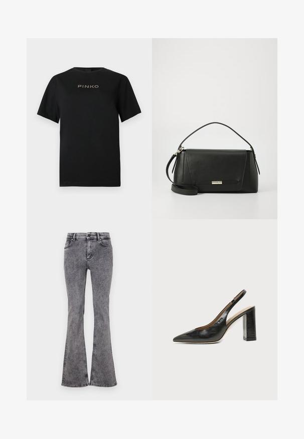 Schwarzes Baumwoll-T-Shirt mit kurzen Ärmeln und rundem Ausschnitt. Auf der Vorderseite befindet sich das "PINKO"-Logo in goldenen Buchstaben.; Schwarze, ausgestellte Jeans aus Denim mit einer ausgewaschenen Optik, mit fünf Taschen, einem Reißverschluss und kontrastrierenden Nähten entlang der Säume.; Schwarzer Leder-Slingback-Schuh mit spitzer Kappe, hohem Blockabsatz und beigegefüttertem Innenraum vor hellem, einfarbigem Hintergrund.; Schwarze Lederhandtasche mit strukturiertem Design, abnehmbarem Schultergurt und metallischem Verschlussakzent. Sie weist klare Linien und eine glatte Textur auf.