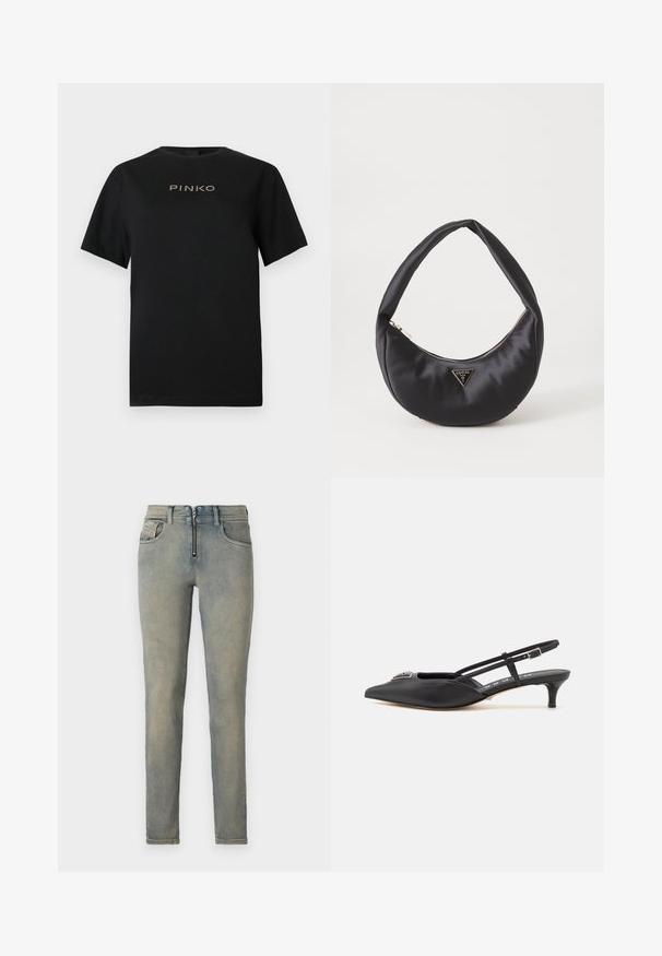 Μαύρο βαμβακερό t-shirt με κοντά μανίκια και στρογγυλή λαιμόκοψη. Στο εμπρόσθιο μέρος εμφανίζεται το λογότυπο "PINKO" με χρυσαφένια γράμματα.; Λεπτές τζιν σε ανοιχτό μπλε τζιν, με μπροστινό φερμουάρ, πέντε τσέπες και μια ξεθωριασμένη απόχρωση με απαλές παραλλαγές χρώματος.; Μαύρα παπούτσια slingback με μυτερή μύτη, κατασκευασμένα από λείο υλικό, με μικρό τακούνι και διακοσμητική ασημί λεπτομέρεια στην επιφάνεια.; Μαύρη τσάντα χειρός από σατέν με καμπύλο σχήμα, διαθέτει φερμουάρ κλεισίματος και τριγωνικό μεταλλικό λογότυπο μπροστά. Λείο υφάνισμα και κομψός σχεδιασμός.