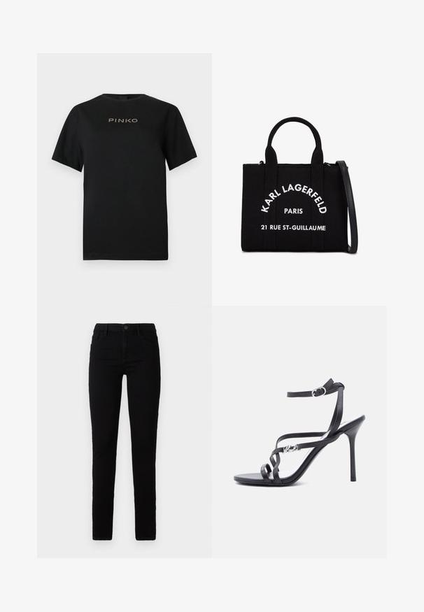Sort bomulds-T-shirt med korte ærmer og rund halsudskæring. Fronten viser "PINKO"-logoet i gyldne bogstaver.; Sorte slim fit jeans lavet af en blanding af bomuldsstof. Har fem lommer, knappelukning og en tætsiddende pasform. Glat tekstur.; Sort højhælet sandal med tynde stropper, ankelspænde og en metal-logo detalje på siden af stroppen, sat mod en hvid baggrund.; Sort stof håndtaske med to top håndtag og en aftagelig skulderrem. Har hvid tekst: "KARL LAGERFELD PARIS 21 RUE ST-GUILLAUME."