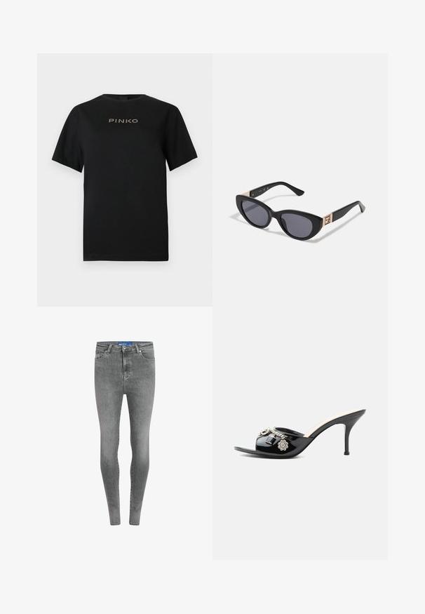 Sort bomulds-T-shirt med korte ærmer og rund halsudskæring. Fronten viser "PINKO"-logoet i gyldne bogstaver.; Slim-fit, høj talje jeans i lys grå denim. Har fem lommer, metalknaplukning og diskret falmede detaljer langs benene.; Sort laklæder højt hælet mule med åben tå og dekorative sølvcharme inklusive en blomst og hængelås på frontstroppen.; Guess Solbriller - shiny black