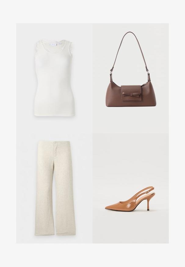 Débardeur blanc côtelé avec un col arrondi et une délicate dentelle sur les épaules. Design simple, tissu léger et coupe ajustée.; Pantalon beige en lin à jambes larges avec une ceinture plate et un détail de braguette cousue, présenté sur un fond blanc uni.; Escarpin à talon slingback à bout pointu en matériau beige lisse et brillant. Présente un design de découpes courbées et un talon aiguille fin. Détail de boucle en argent.; Sac à bandoulière en cuir marron avec une poche à rabat avant ornée d'un détail en forme de nœud cousu et une sangle réglable.