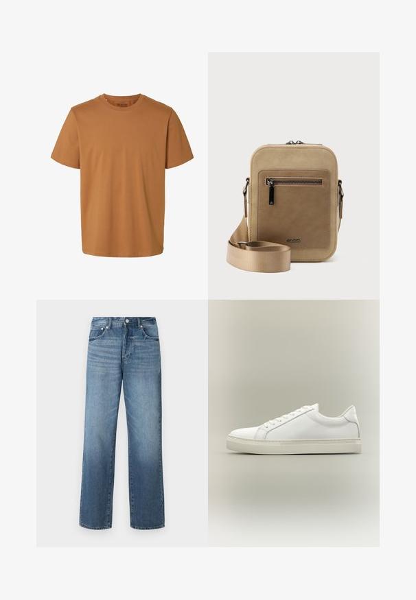 Effen bruine katoenen T-shirt met korte mouwen, ronde hals en normale pasvorm, met het label "Selected Homme" aan de binnenkant van de kraag.; Blauwe denim jeans met een recht model, voorzien van een vervaagde wassing, riemlussen, vijf pockets en een klassieke knoopsluiting.; Witte lage sneaker met veters aan de voorkant en dikke zool, zijaanzicht tegen een neutrale achtergrond.; Kleine beige crossbodytas met een voorvak met ritssluiting, metalen ALDO-logo, verstelbare brede band en afgeronde rechthoekige vorm op een witte achtergrond.