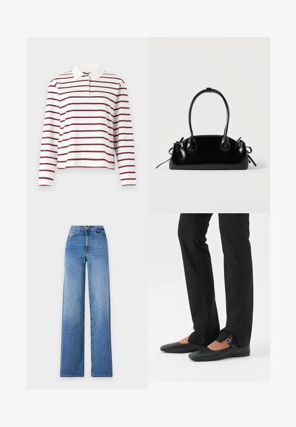Polo à manches longues en blanc avec des rayures horizontales bordeaux, doté d'un col classique et d'une fermeture à boutons. Matériau en coton doux.; Jeans en denim bleu clair à jambes larges, dotés d'une taille haute, de poches avant et d'une fermeture à bouton standard. Texture lisse.; Jambes vêtues d’un pantalon slim noir avec des fentes à l’avant de l’ourlet, assorties à des chaussures plates Mary Jane noires avec une petite bride à boucle.; Petit sac à main noir brillant avec deux longues anses et des détails à cordon sur les côtés sur un fond clair uni.