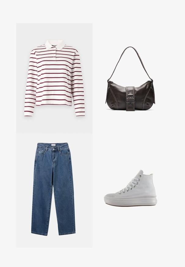 Polo de manga larga en blanco con rayas horizontales en burdeos, que presenta un diseño clásico de cuello y tapeta de botones. Material de algodón suave.; Jeans de mezclilla azul clásico con un diseño de pierna recta, cinco bolsillos y cierre de botón. Presenta un lavado medio y una textura resistente.; Zapatilla de lona blanca de caña alta con cordones blancos, ojales metálicos, suela gruesa de goma y puntera texturizada, mirando hacia la izquierda sobre un fondo blanco.; Bolso de hombro de cuero marrón con forma curva, que presenta un prominente detalle de hebilla, costuras en contraste y una sola correa para el hombro.
