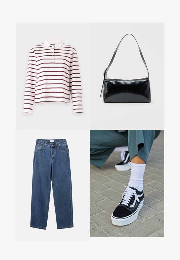Wit langmouwige poloshirt met bordeauxrode horizontale strepen, voorzien van een klassieke kraag en knoopsluiting. Gemaakt van zacht katoen.; Klassieke blauwe denim jeans met een rechte pijp, vijf zakken en een knoopsluiting. Heeft een middelgrote wasbeurt en stevige textuur.; Zwarte suède sneaker met witte accenten en veters, uitgerust met een dikke witte zool en contrasterende stiksels, gecombineerd met een witte sok.; Zwarte rechthoekige schoudertas met een enkele verstelbare band en een bovenste ritssluiting op een effen achtergrond.