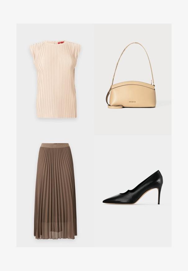 Blouse plissée beige sans manches avec encolure ronde et texture verticale subtile, présentée sur un fond blanc.; Jupe plissée mi-longue marron avec ceinture élastique arborant un texte de marque discret.; Escarpin à talon aiguille en cuir noir à bout pointu avec ligne festonnée et semelle beige sur fond clair uni.; Sac à main en cuir beige avec bord supérieur incurvé, bandoulière chaîne dorée et petit logo doré centré à l'avant.