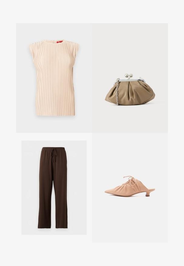 Blouse plissée beige sans manches avec encolure ronde et texture verticale subtile, présentée sur un fond blanc.; Pantalon marron à jambes larges avec taille élastique et cordon, confectionné dans un tissu lisse, présenté sur un fond clair uni.; Mule pour femme en cuir beige avec bout pointu, dessus froncé, lien de serrage et petit talon kitten, sur fond blanc.; Pochette en cuir beige clair à la forme arrondie, texture plissée, fermeture à verrou argentée et bandoulière chaîne amovible.