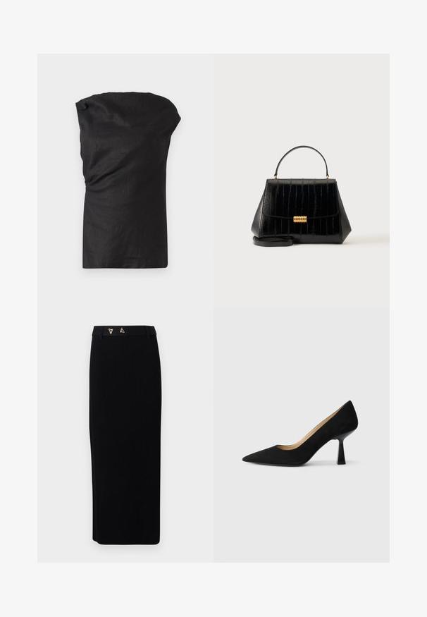 Schwarzes ärmelloses Oberteil aus leichtem, strukturiertem Stoff. Mit einem drapierten Ausschnitt und einem lässigen Schnitt mit geradem Saum.; AERON FORUM - Bleistiftrock - black; Schwarze Wildleder-Pumps mit hohem Absatz und spitzer Zehenform, ausgestattet mit einem glänzenden schwarzen Blockabsatz und einem glatten Innenfutter.; Schwarze Lederhandtasche mit Tragegriff oben, goldfarbenem Verschluss und abnehmbarem Schulterriemen auf schlichtem hellen Hintergrund.
