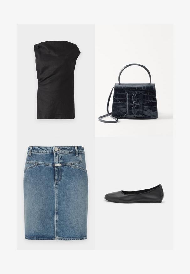 Schwarzes ärmelloses Oberteil aus leichtem, strukturiertem Stoff. Mit einem drapierten Ausschnitt und einem lässigen Schnitt mit geradem Saum.; Jeansrock in hellblauer Waschung mit figurbetontem Schnitt, Fünf-Taschen-Stil, vorderem Knopfverschluss und sichtbaren Nahtdetails.; Schwarze Leder-Ballettschuhe mit abgerundeter Spitze, glatter Textur, minimalen Nähdetails und einem flexiblen Sohlen-Design.; Schwarze Handtasche aus Krokodilprägung mit strukturiertem Design, Oberhandgriff, verstellbarem Tragegurt und einem auffälligen Logo-Detail auf der Vorderseite.