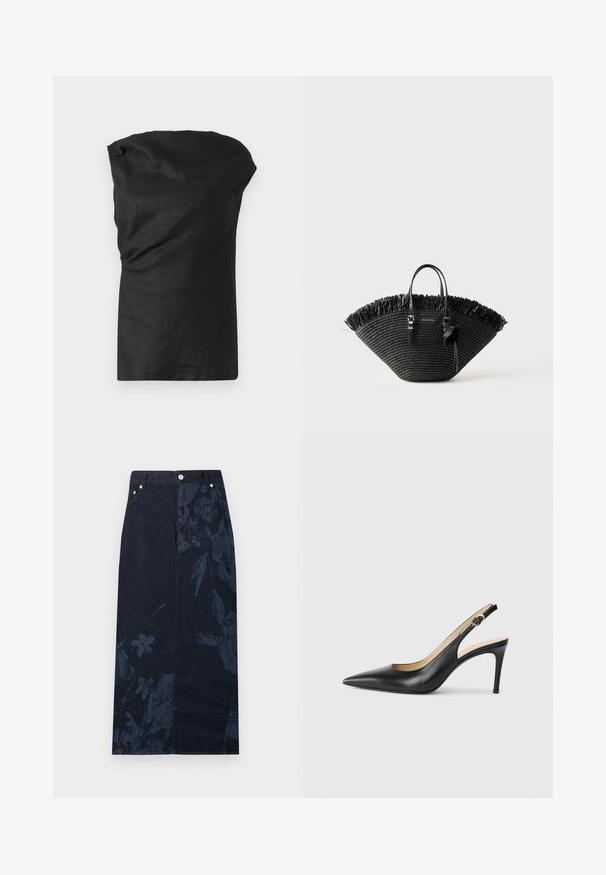 Sort ærmeløs top i et let, struktureret stof. Har en draperet halsudskæring og en afslappet pasform med en lige kant.; Mørkeblå denim midi nederdel med et diskret blomsterprint på den ene side og forlommer med lynlåslukning i taljebåndet.; Sorte læder slingback højhælede sko med spids tå, justerbar rem og en slank stiletto hæl, der har en glat finish.; Sort vævet tote-taske med bred blæserform, frynset øverste kant, to håndtag og en dekorativ sløjfe på det ene håndtag.