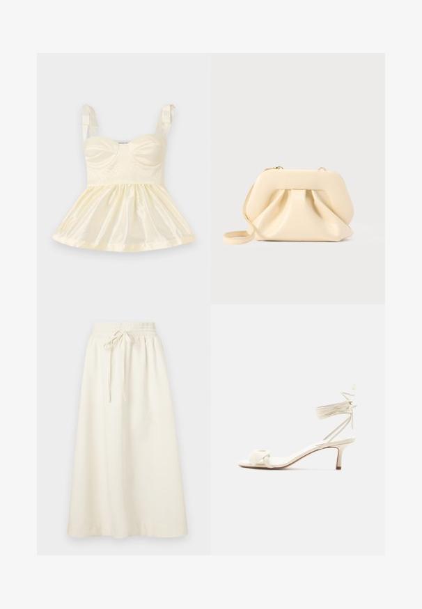 Top de satén amarillo claro con un cuerpo ajustado, falda fruncida y tirantes de cinta. Detalles texturizados visibles en la parte frontal.; Soulland MEIR SKIRT - Falda larga - white; Sandalia de tacón bajo color crema con lazos alrededor del tobillo y una amplia tira retorcida sobre los dedos, sobre un fondo blanco liso.; Bolso clutch de cuero suave beige con estructura rígida y detalle fruncido en el frente, con una correa delgada para la muñeca y cremallera dorada.