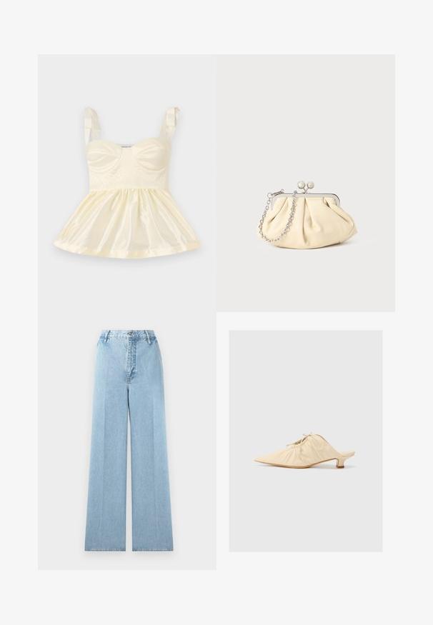 Top de satén amarillo claro con un cuerpo ajustado, falda fruncida y tirantes de cinta. Detalles texturizados visibles en la parte frontal.; Jeans de mezclilla de corte ancho en azul claro con una cintura alta, con cinco pasadores para cinturón, cierre frontal con botón y costuras cosidas.; Zapato de piel color crema tipo slip-on con puntera afilada, detalles fruncidos en la parte delantera y un tacón corto y cuadrado.; Clutch de cuero beige plisado con un marco de metal plateado, que cuenta con dos broches decorativos redondos y una correa de cadena plateada.