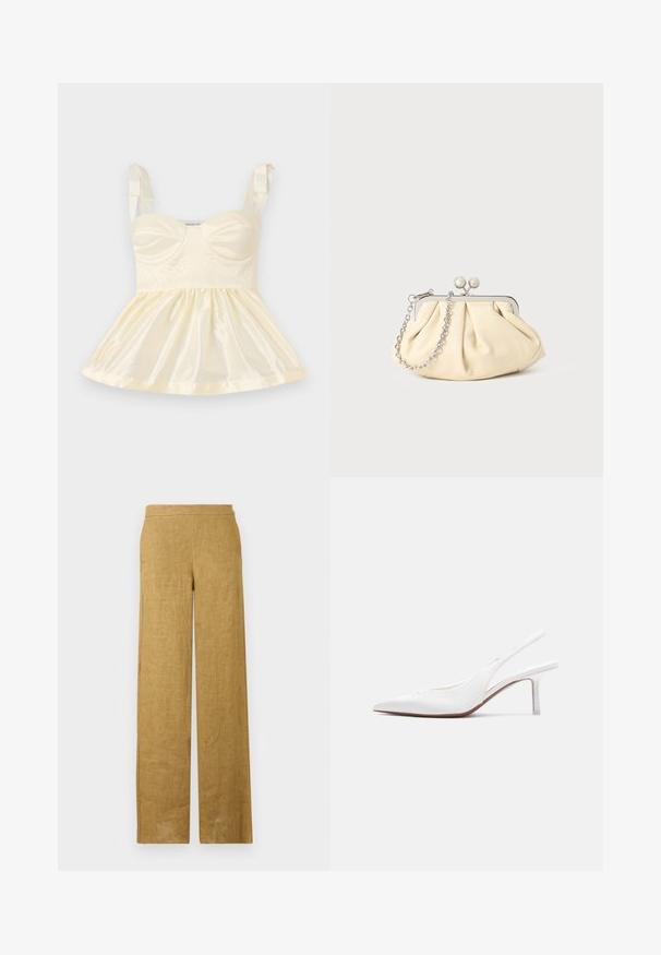 Top de satén amarillo claro con un cuerpo ajustado, falda fruncida y tirantes de cinta. Detalles texturizados visibles en la parte frontal.; Pantalones de tiro alto y pierna ancha en tela de lino marrón claro con frente liso y diseño minimalista.; Zapato femenino de cuero blanco con tira trasera, punta puntiaguda, tacón bajo tipo kitten y un pequeño lazo decorativo en la parte superior, mostrado en perfil lateral.; Clutch de cuero beige plisado con un marco de metal plateado, que cuenta con dos broches decorativos redondos y una correa de cadena plateada.