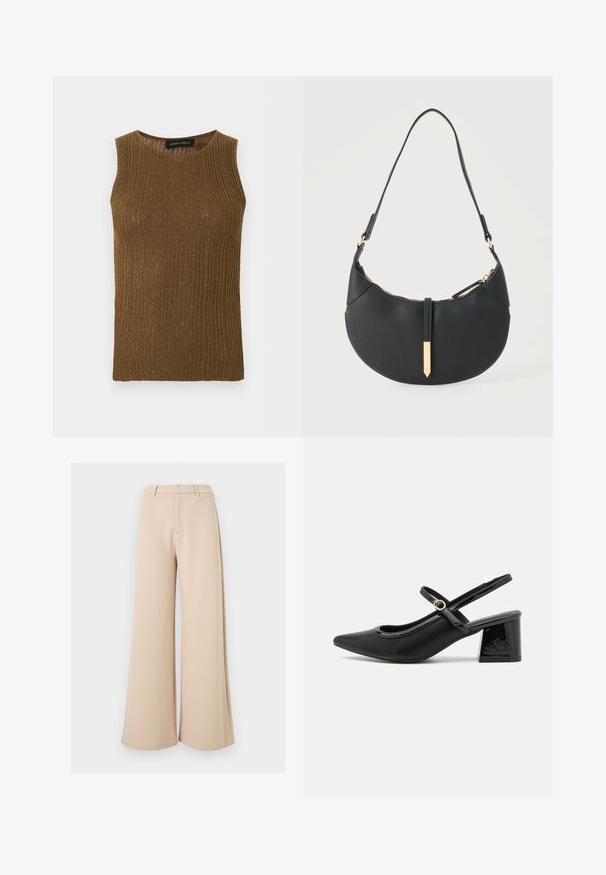 Haut tricoté marron côtelé sans manches avec détail scintillant et col rond, conçu pour les femmes.; Pantalon large beige taille haute avec passants pour ceinture et fermeture avant dissimulée sur fond blanc.; Escarpins slingback en cuir verni noir avec un embout pointu, un design à découpes arrondies et un talon carré. Présente un accent de boucle en ton doré.; Sac à main noir en forme de croissant avec une bandoulière unique, une fermeture éclair dorée et une languette décorative rectangulaire dorée à l'avant.