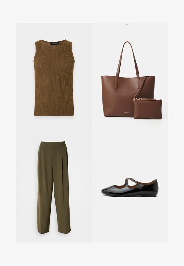 Haut tricoté marron côtelé sans manches avec détail scintillant et col rond, conçu pour les femmes.; Pantalons à jambes larges vert olive en tissu lisse, dotés d'une taille haute, de plis sur le devant et de poches latérales pour plus de fonctionnalité.; Chaussure plate Mary Jane en cuir verni noir avec deux découpes et une bride à boucle dorée sur fond blanc.; Sac fourre-tout en simili cuir marron avec deux longues poignées et une pochette assortie. La surface présente un motif texturé et des accents en métal doré.