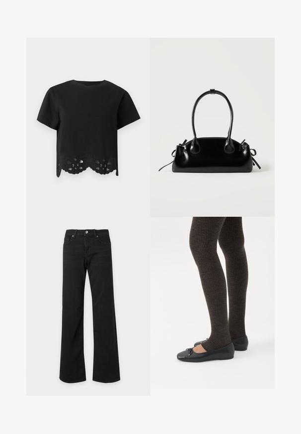 Top noir à manches courtes avec encolure ronde, avec un détail en dentelle florale découpée le long de l'ourlet festonné.; Jean noir taille haute avec jambes droites et larges, poches avant, passants de ceinture et fermeture par bouton métallique sur fond blanc.; Jambes portant des leggings côtelés foncés associés à des ballerines noires avec de petits détails en nœud sur fond blanc.; Petit sac à main noir brillant avec deux longues anses et des détails à cordon sur les côtés sur un fond clair uni.
