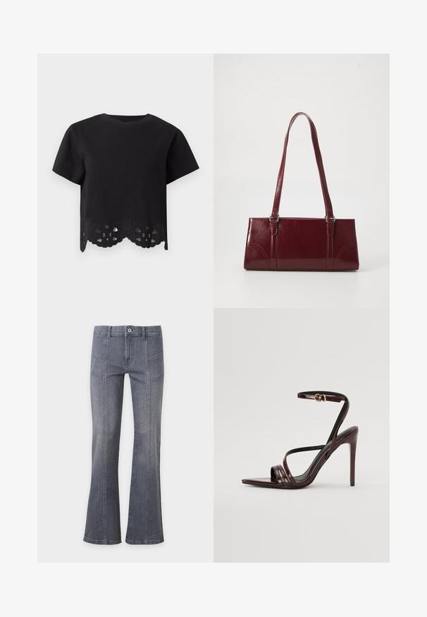 Top noir à manches courtes avec encolure ronde, avec un détail en dentelle florale découpée le long de l'ourlet festonné.; Pantalon en jean gris foncé à taille haute, fermeture à boutons, coutures avant, et jambes légèrement évasées sur un fond uni.; Sandale à talons hauts en cuir verni bourgogne avec une bride de cheville, bout pointu et trois bandes horizontales sur le pied. Détail de boucle dorée.; Sac à main bordeaux en matériau brillant, de forme rectangulaire, avec deux anses et des accents légèrement courbés à l'avant.