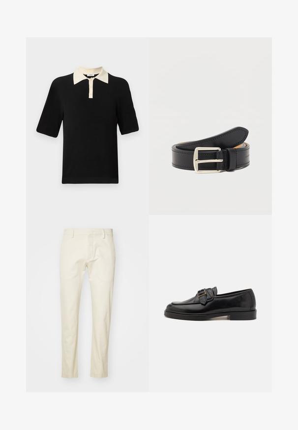 Polo noir à manches courtes avec un col crème et trois boutons crème sur la patte de boutonnage avant.; Pantalons en coton beige avec une coupe droite, fermeture éclair à l'avant et poches plates. Tissu texturé avec une finition lisse.; Mocassins en cuir noir avec un bout arrondi et une boucle décorative. Talon plat, solide et texture lisse sur l'ensemble.; Ceinture en cuir noir avec boucle rectangulaire argentée, enroulée avec des coutures visibles le long des bords sur un fond blanc uni.