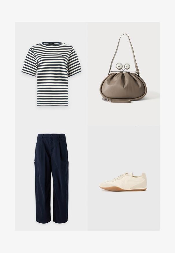T-shirt à manches courtes avec col ras du cou, rayures horizontales bleu marine et blanches, et petit logo noir brodé sur la poitrine.; Pantalon cargo bleu marine à jambes larges, passants de ceinture, fermeture à l'avant, poches latérales et deux grandes poches sur les cuisses, exposé sur un fond uni.; Baskets beige clair avec une tige en cuir texturé, des panneaux latéraux texturés et une semelle en caoutchouc. Dotées d'un design fin et épuré ainsi que de lacets plats.; Sac à main en cuir gris de forme arrondie, fermeture supérieure avec deux grandes sphères argentées, et une seule anse.