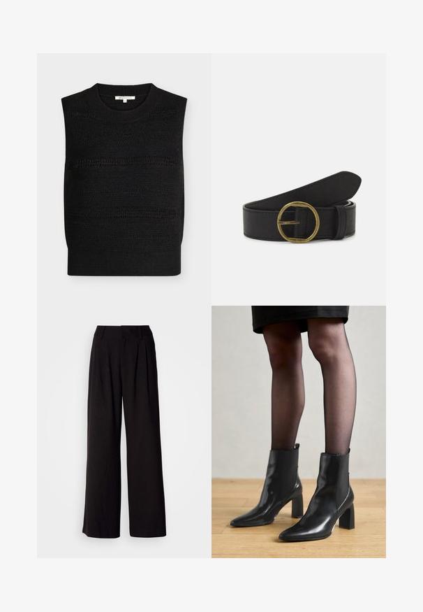 Veste sans manches en maille noire avec motifs horizontaux texturés et col rond, taille petite.; Pantalon large noir en tissu lisse, avec des plis à l'avant, une taille ajustée, et sans motifs ni accents visibles.; Bottines en cuir noir avec un bout pointu, un talon carré épais et un design élégant. Présente des panneaux latéraux élastiques pour un enfilage facile.; Ceinture en cuir noir avec une boucle en laiton ronde. Présente une surface texturée et une extrémité lisse se rétrécissant en un point.