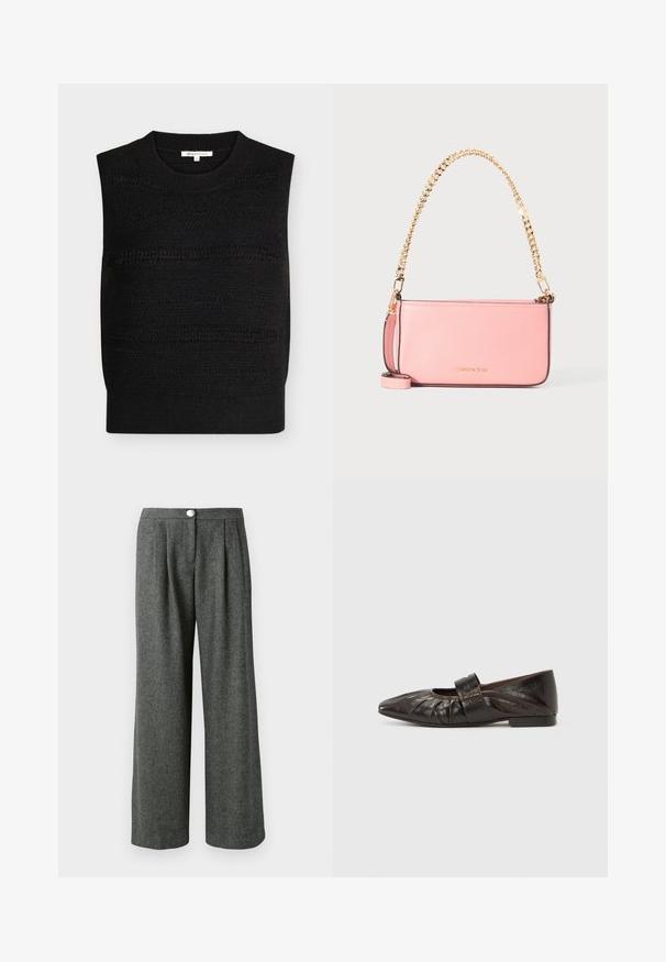 Veste sans manches en maille noire avec motifs horizontaux texturés et col rond, taille petite.; Pantalons gris à jambes larges en motif chevron texturé, avec des plis sur le devant et une fermeture à bouton à la taille.; Chaussure plate en cuir marron avec un bout pointu, une texture froncée à l'avant et une large bride sur le milieu du pied avec une décoration métallique.; Sac à main en cuir rose avec bandoulière chaîne dorée et petite boucle de poignet assortie, logo Michael Kors embossé au centre avant.
