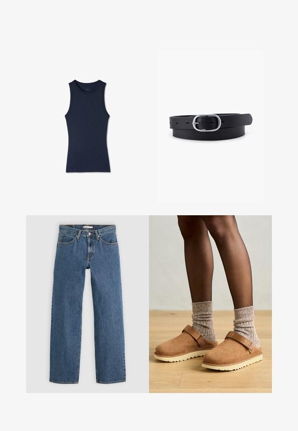 Marineblauw mouwloos geribbeld tanktop met ronde hals, nauwsluitende pasvorm en zonder zichtbare patronen of logo's.; Blauwe denim jeans met een recht gesneden ontwerp, voorzien van vijf zakken, een knoopsluiting en contrasterende stiksels langs de naden.; Bruine suède klompen met een band, crèmekleurige rubberen zool en getextureerde grijze breisokken. De vloer is van licht hout.; Zwarte leren riem met een gladde textuur, ovaal zilveren metalen gespsluiting en meerdere verstelgaten langs de band. Platte, minimalistische uitstraling.