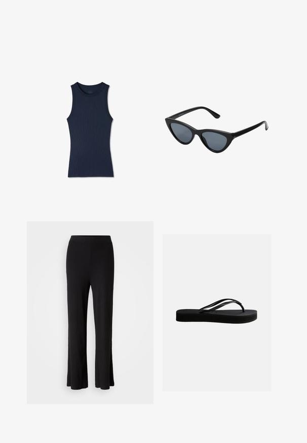 Navyblå ærmeløs ribstrikket tanktop med rund halsudskæring, figursyet og uden synlige mønstre eller logoer.; Sorte ribbede bukser med vidde, glat elastisk talje og flared kant. Stofstrukturen er blød og strækbar, hvilket giver komfort.; Sort gummiflipflop med tekstureret sål og Y-formet rem, vist i sideprofil mod en ensartet lys baggrund.; Sorte katteøje solbriller med mørkegrå linser, slankt plastisk stel, spidse hjørner og lige stænger. Ingen synlig hardware eller dekorationer.