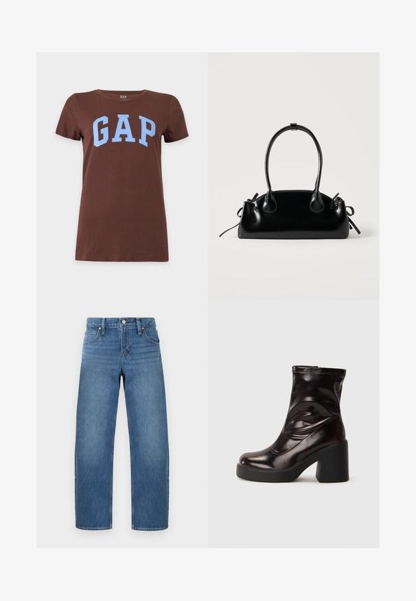 T-shirt marron à manches courtes avec le mot GAP en grandes lettres bleu clair sur la poitrine, présenté sur un fond uni.; Jean denim bleu à jambes droites avec fermeture par bouton et zip, poches à l'avant et à l'arrière, présenté sur un fond clair uni.; Bottine noire brillante à talon bloc épais et bout rond, en cuir lisse avec des détails de couture subtils.; Petit sac à main noir brillant avec deux longues anses et des détails à cordon sur les côtés sur un fond clair uni.