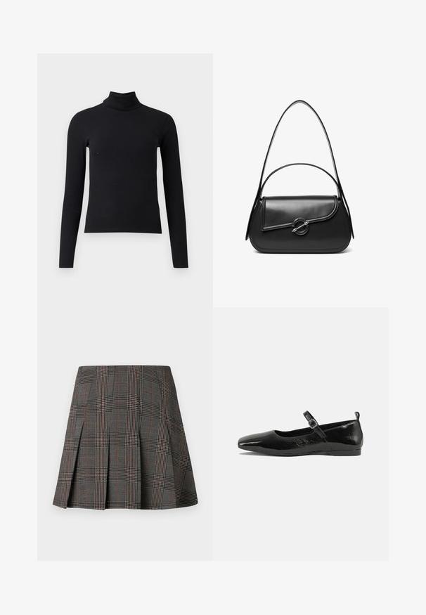 Sort ribbet turtleneck sweater med lange ærmer, tætsiddende design, glat tekstur og høj krave. Ingen synlige mønstre eller udsmykninger.; Gråternet nederdel med plisseringer, prydet med intrikate mønstre i sort og hvid, akkompagneret af tynde røde linjer. Fremstillet af et struktureret stof.; Sorte patentlæder flade sko med spidse tæer, en ankelrem med spænde og en glat, blank tekstur. Lav hæl for komfort.; Sort skuldertaske i læder med en buet klap, der er fastgjort med en rund metal spænde, og en slank, justerbar rem.