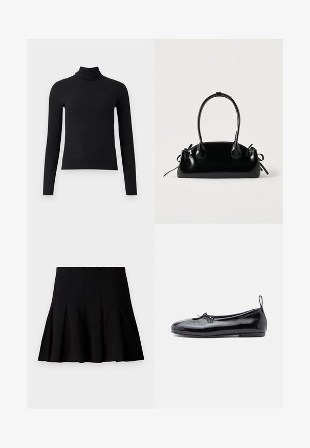 Sort ribbet turtleneck sweater med lange ærmer, tætsiddende design, glat tekstur og høj krave. Ingen synlige mønstre eller udsmykninger.; Sort kort plisseret nederdel lavet af et glat stof. Har en elastisk talje og en flagrende silhuet, der når til midten af låret.; Sorte patenterede læder ballet flats med rund tå, lille sløjfedetalje og glat tekstur; har en lav flad sål og en træksløjfe ved hælen.; Lille sort blank håndtaske med to lange håndtag og snøre-detaljer i siden på en ensfarvet lys baggrund.