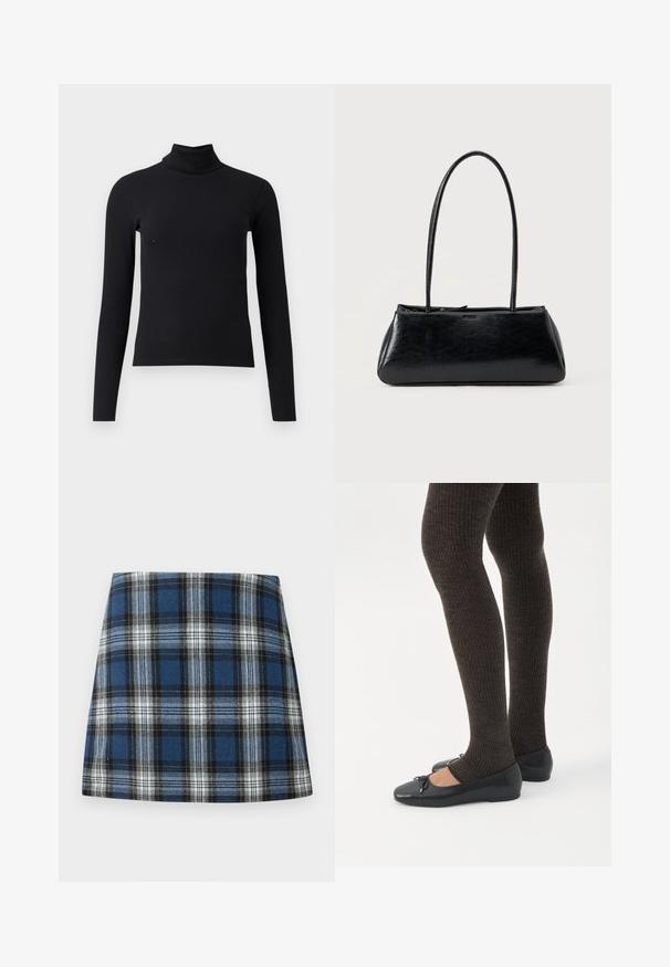 Sort ribbet turtleneck sweater med lange ærmer, tætsiddende design, glat tekstur og høj krave. Ingen synlige mønstre eller udsmykninger.; Blåternet skørt med et varieret ternmønster i blå, sort og hvid. Fremstillet af et struktureret stof med en tætsiddende silhuet.; Ben iført mørke ribbede leggings kombineret med sorte balletsko med små sløjfedetaljer på hvid baggrund.; Sort rektangulær skuldertaske med lange tynde stropper og en glat, blank tekstur på en ensfarvet baggrund.