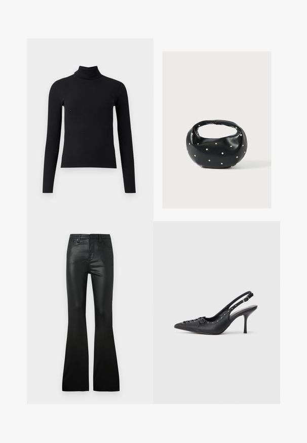 Sort ribbet turtleneck sweater med lange ærmer, tætsiddende design, glat tekstur og høj krave. Ingen synlige mønstre eller udsmykninger.; Sorte flared bukser lavet af glat, skinnende materiale. Har frontlommer og knaplukning. Skræddersyet pasform gennem talje og hofter.; Sorte læder slingback stiletto med spids tå, side spændebånd, nitter langs kanten og dekorativ snøring foran.; Sort læderhåndtaske med en rundet form, dekoreret med sølvnitter, og et kort håndtag. Glat tekstur og lynlåslukning.