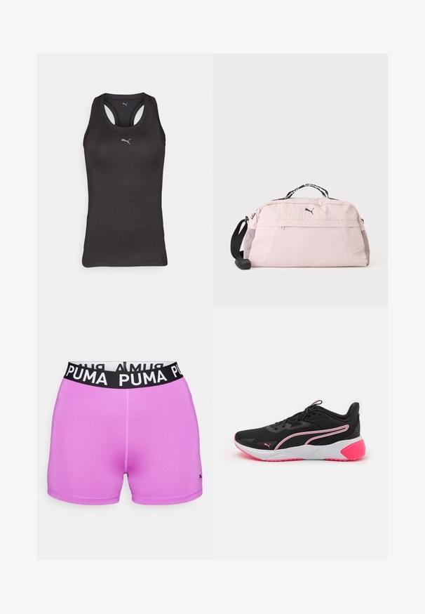 Sort atletisk tanktop med racerback-design, lavet af glat stof, med et lille gråt logo i midten på fronten.; PUMA lyserøde træningsshorts med en sort elastik i taljen med logoet. Stoffet er glat og strækbart, designet til komfort og bevægelighed.; Sorte sportsko med mesh-overdel, pink detaljer, hvid mellemsål og karakteristisk logo. Har et let design og struktureret sål.; Lyserød Puma sportstaske med sort justerbar skulderrem, topgreb, forreste lynlåslomme og netlommer i siden på hvid baggrund.