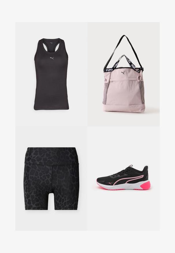 Sort atletisk tanktop med racerback-design, lavet af glat stof, med et lille gråt logo i midten på fronten.; Højtaljede sorte biker-shorts med mørkegråt leopardmønster og synlige syninger på en ensfarvet lys baggrund.; Sorte sportsko med mesh-overdel, pink detaljer, hvid mellemsål og karakteristisk logo. Har et let design og struktureret sål.; Lyserød Puma shopper-taske med sort skulderrem, korte håndtag med Puma-logo, forreste lynlåslomme og sidelommer i net.