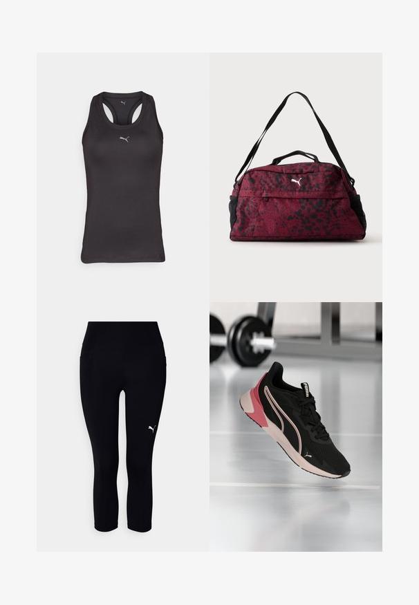 Sort atletisk tanktop med racerback-design, lavet af glat stof, med et lille gråt logo i midten på fronten.; Sort capri leggings fremstillet af strækbart materiale, med høj talje og et lille hvidt logo på venstre side. Glat tekstur.; Sort og pink Puma løbesko svævende over et reflekterende fitnessgulv, med slørede håndvægte i baggrunden.; Rød og sort sportstaske med pletter, med frontlynlåslomme, sorte netlommer i siderne, dobbelte håndtag og justerbar skulderstrop.