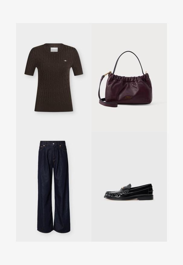 Pull en maille marron foncé à manches courtes avec motif torsadé, poignets et ourlet côtelés, et un petit logo brodé sur la poitrine gauche.; Jean en denim bleu foncé à jambes larges avec bouton sur le devant et design à cinq poches sur un fond clair uni.; Mocassins en cuir noir avec un bout arrondi, des coutures décoratives et un petit accent doré sur le dessus. Semelle en caoutchouc plate, design épuré.; Sac à main en cuir bourgogne avec un design froncé, accents en métal doré et une bandoulière détachable ; présente un détail de logo sur le devant.