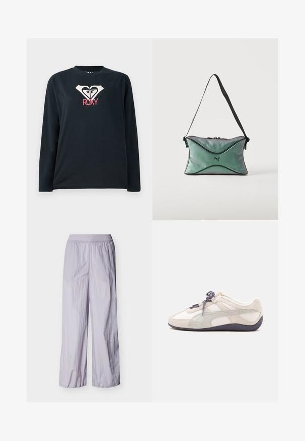 T-shirt noir à manches longues en coton, avec un logo en forme de cœur blanc comportant deux visages et "ROXY" en rose en dessous du logo.; Pantalon léger violet clair avec ceinture élastique et jambes larges, présenté sur un fond blanc uni.; Baskets basses blanches et beiges avec lacets et semelle gris foncé, détails en daim, et un design lisse et courbé sur fond uni.; Petit sac d'épaule vert irisé avec bordure noire, sangle réglable noire, fermeture éclair et logo Puma au centre avant.