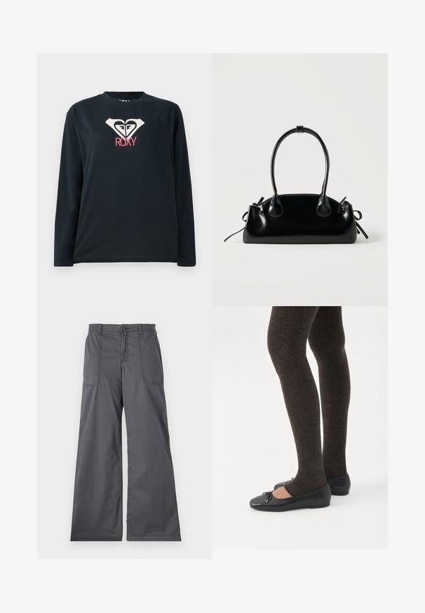 Camiseta negra de manga larga hecha de algodón, con un logo de corazón blanco que tiene dos caras y "ROXY" en rosa debajo del logo.; Pantalones de pierna ancha grises con una textura suave, que cuentan con bolsillos frontales, un cierre de botón y detalles cosidos a lo largo de las costuras.; Piernas con leggings oscuros acanalados combinados con bailarinas negras que presentan pequeños detalles de lazo sobre un fondo blanco.; Pequeño bolso negro brillante con dos asas largas y detalles de cordón lateral sobre un fondo claro liso.