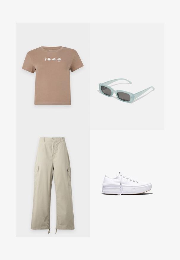 Bruine katoenen T-shirt met een ronde hals. Voorzien van witte grafische elementen: een cactus, zon, golf, hand en hart. Korte mouwen.; Lichtbeige cargobroek met een relaxte pasvorm, voorzien van een knoopsluiting, zijzakken en een verstelbare zoom met strikjes. Soepele stofstructuur.; Witte lage canvas sneaker met dikke plateauzool, veters aan de voorkant en rubberen toeskap met structuur, zijaanzicht.; Een paar rechthoekige zonnebrillen met lichtblauwe doorzichtige monturen en donkergrijze glazen, met rechte pootjes en minimale hardwaredetails.