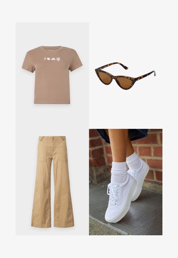 Bruine katoenen T-shirt met een ronde hals. Voorzien van witte grafische elementen: een cactus, zon, golf, hand en hart. Korte mouwen.; Beige wijde broek van katoen met twee voorzakken, dubbele knopen in de taille en een eenvoudige ontwerp.; Witte canvas sneakers met rubberen zolen, voorzien van zes vetertjes, een ronde neus en lichte stikdetails, gecombineerd met witte enkelsokken.; Cat-eye zonnebril met een zwart en oranje schildpadframe, bruine lenzen en slanke, puntige uiteinden. Bevat een minimalistisch logo op de poot.