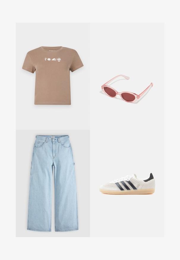 Bruine katoenen T-shirt met een ronde hals. Voorzien van witte grafische elementen: een cactus, zon, golf, hand en hart. Korte mouwen.; Lichtblauwe denim jeans met wijde pijpen, voorzakken, riemlussen en zijlusjes voor gereedschap, plat gelegd op een grijze achtergrond.; Witte sneakers van mesh met een zwart ontwerp van drie strepen, een ronde neus en een rubberen gumzool. Voorzien van een zachte hielkraag en een vetersluiting.; Roze transparante zonnebril met ovale lenzen, donkerrode tint en slanke pootjes, met een gladde afwerking en subtiele details op het frame.