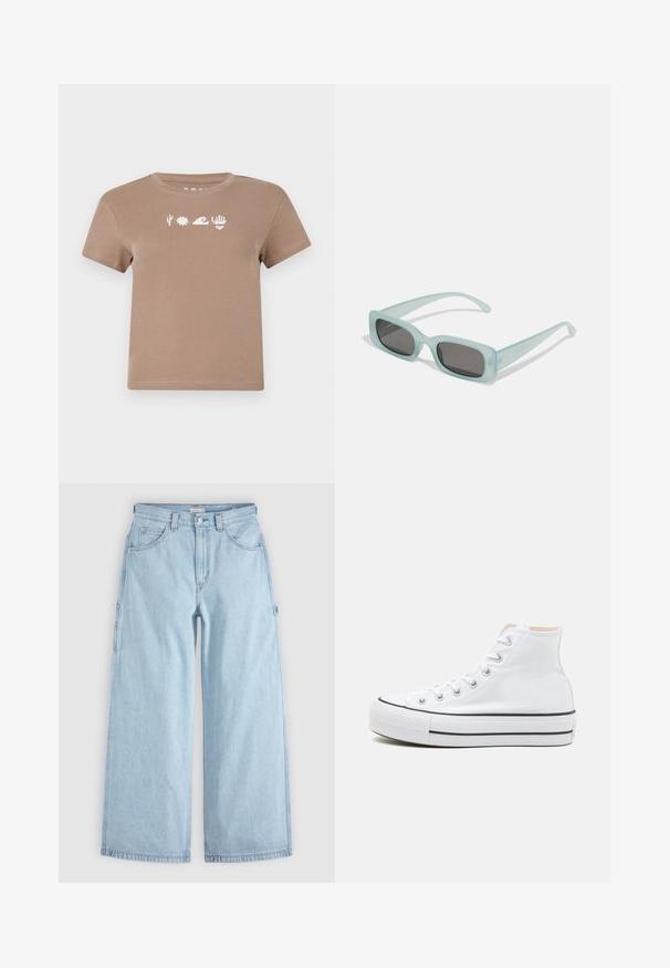 Bruine katoenen T-shirt met een ronde hals. Voorzien van witte grafische elementen: een cactus, zon, golf, hand en hart. Korte mouwen.; Lichtblauwe denim jeans met wijde pijpen, voorzakken, riemlussen en zijlusjes voor gereedschap, plat gelegd op een grijze achtergrond.; Witte hoge sneakers van canvasmateriaal, zwarte rubberen zool en contrasterende zwarte streep op de tussenzool. Circulaire neus en vetersluiting.; Een paar rechthoekige zonnebrillen met lichtblauwe doorzichtige monturen en donkergrijze glazen, met rechte pootjes en minimale hardwaredetails.