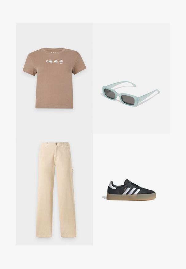 Camiseta de algodón marrón con cuello de barco. Presenta elementos gráficos en blanco: un cactus, un sol, una ola, una mano y un corazón. Mangas cortas.; Pantalones de pana beige con un corte de pierna ancha, textura de canalé vertical, bolsillos frontales y detalle de botón lateral.; Zapatilla deportiva de cuero negro con tres rayas plateadas, punta texturizada y suela de goma. Cuenta con un collar acolchado y un diseño con cordones.; Un par de gafas de sol rectangulares con montura translucida azul clara y lentes gris oscuro, que cuentan con patillas rectas y detalles de hardware mínimos.