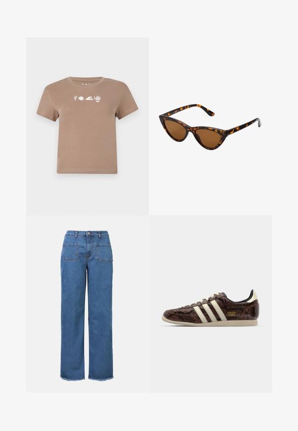 Brun bomulds-t-shirt med rund halsudskæring. Har hvide grafiske elementer: en kaktus, sol, bølger, hånd og hjerte. Korte ærmer.; Højtaljede wide-leg jeans lavet af blå denim, med knaplukning, to baglommer og rå kantdetaljer ved anklerne.; adidas Originals JAPAN - Sneakers - preloved brown/cream white/core black; Kat-ejede solbriller med en sort og orange skildpaddemønstret stel, brune linser og slanke, spidse ender. Har et minimalistisk logo på skabelsen.