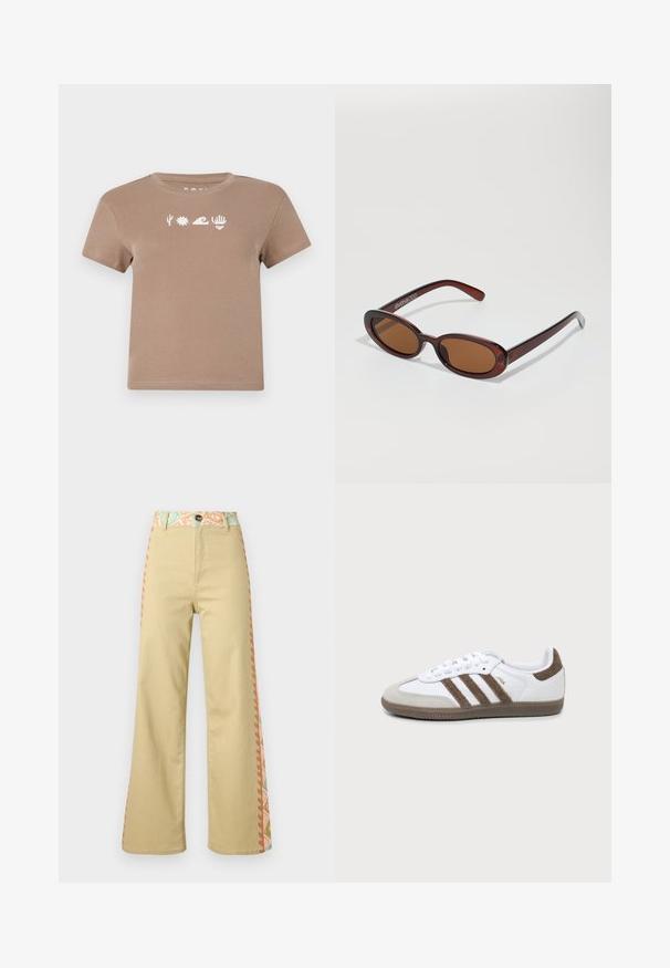 Brun bomulds-t-shirt med rund halsudskæring. Har hvide grafiske elementer: en kaktus, sol, bølger, hånd og hjerte. Korte ærmer.; Beige bukser med høj talje og brede ben, lukkes med knapper, blomsterprint på taljebåndet og sidelægn i pastelfarver.; Hvid og brun Adidas Samba sneaker med tre brune striber, snørebånd og tekstureret sål vist fra siden på en ensfarvet baggrund.; Runde, bruntonede solbriller med en glansfuld bordeauxramme. Slanke arme med diskret brandingdetalje. Flad linsedesign.
